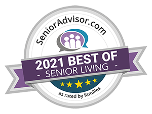 A purple graphic of a badge reading "senioradvisor.com 2021 Best of Senior Living as voted by families"