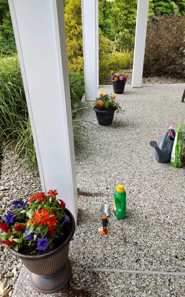 Potted plants on the patio of Beaver Lake Lodge