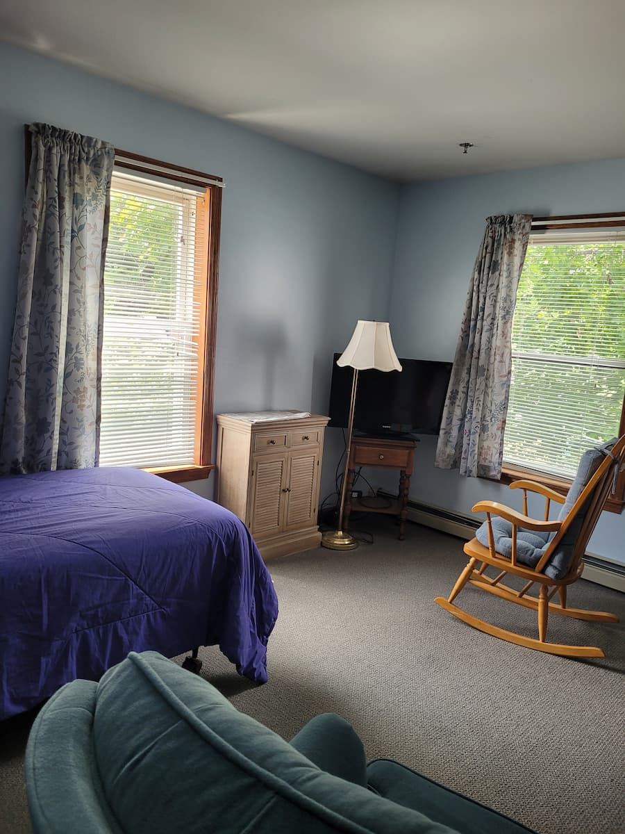 A bedroom with grey carpet and blue walls; to the left is a bed with dark blue coverlet, and to the right are two curtained windows, a rocking chair, and a television in the corner.