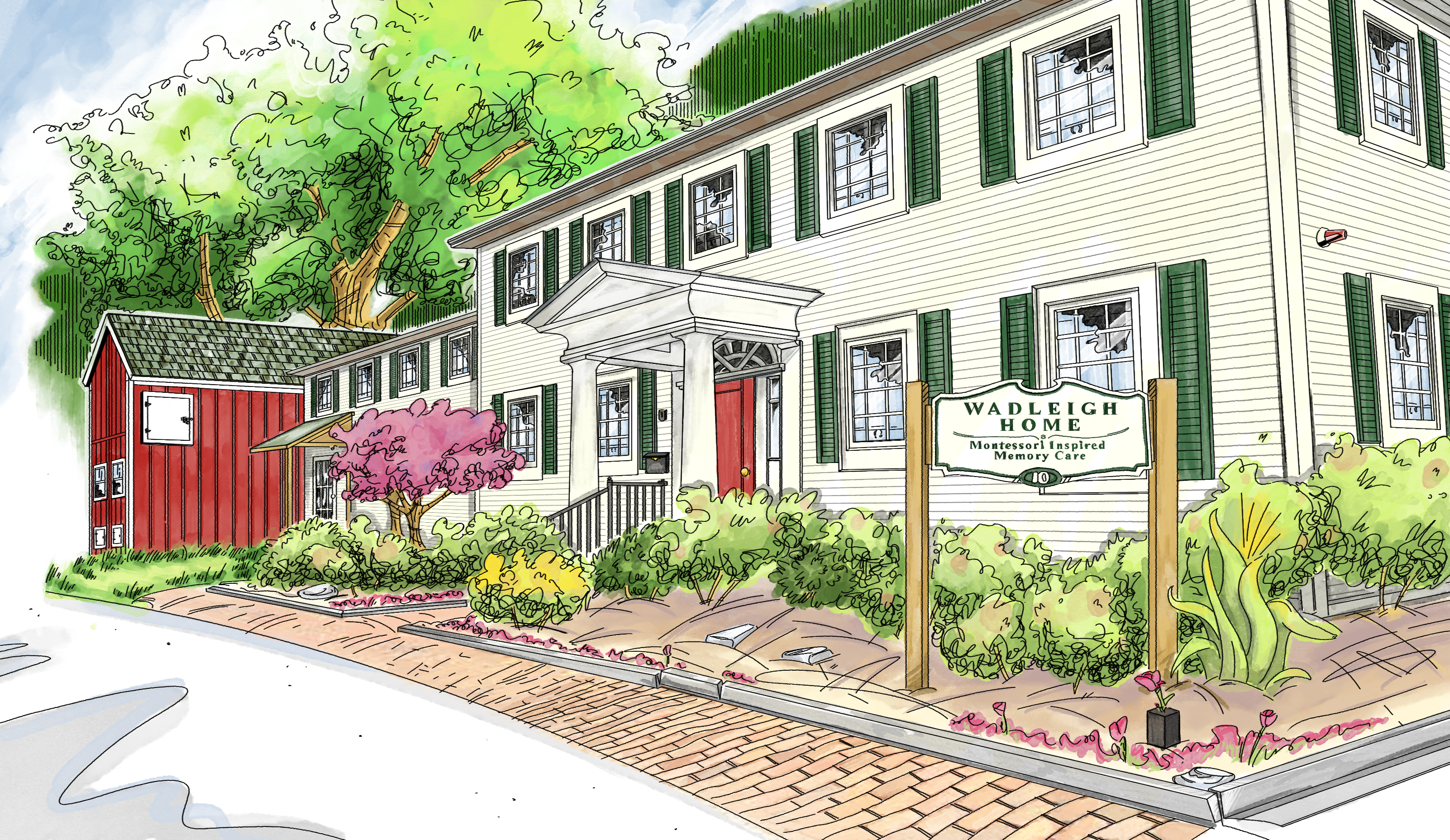 A white colonial style house with green shutters; the picture is taken from a sharp angle and shows the front of the house, the portico, and a brick walkway with landscaping.
